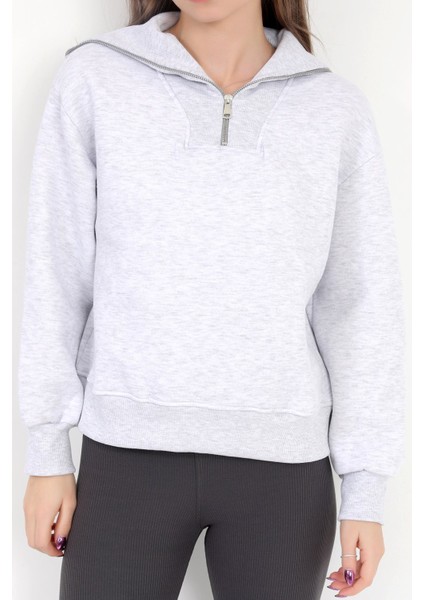 Kadın Karmelanj Pamuklu Yarım Fermuarlı 3 İp Şardonlu Sweatshirt - 2512