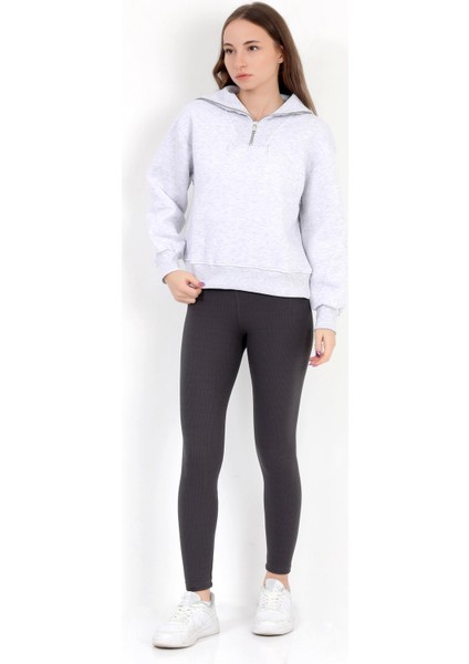 Kadın Karmelanj Pamuklu Yarım Fermuarlı 3 İp Şardonlu Sweatshirt - 2512