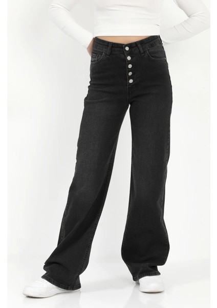 Kadın Palazzo Jean Siyah Likralı Düğmeli Yüksek Bel Pamuklu Kot Pantolon - 607-2472