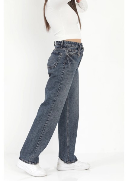 Kadın Straight Fit Jean Mavi Tint Yıkama Kemer Detaylı Yüksek Bel %100 Pamuk - 672-2467