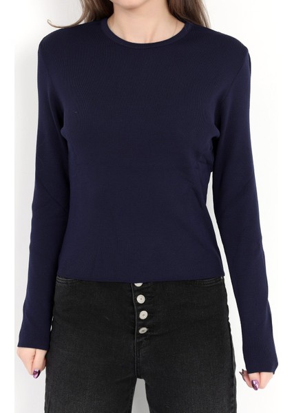 Kadın Lacivert %100 Poliamid Esnek Bisiklet Yaka Triko Body - 2002