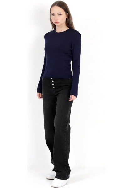 Kadın Lacivert %100 Poliamid Esnek Bisiklet Yaka Triko Body - 2002