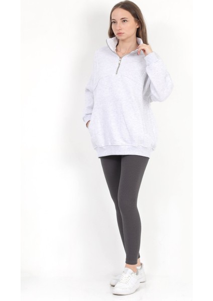 Kadın Karmelanj Dik Yaka Yarım Fermuarlı Cep Detaylı Oversize Sweatshirt - 2542