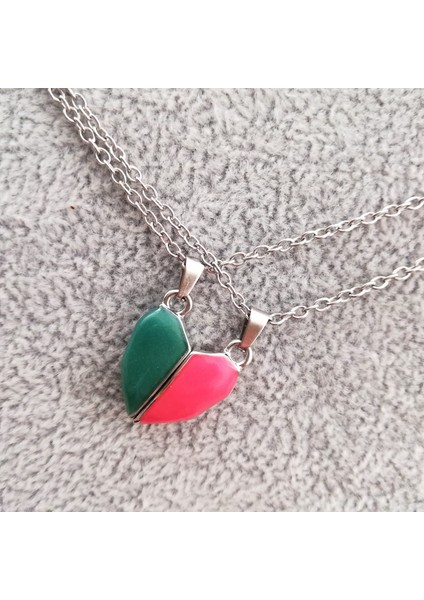 Ikili Kalpli Pembe Yeşil Mıknatıslı Kolye