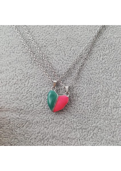 Ikili Kalpli Pembe Yeşil Mıknatıslı Kolye indirimleri