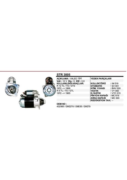 Marş Motoru 9 Diş 12V 0,8 Kw D9E Renault R12 Tl Ts Gts Toros 1,3 1,4 7700349591 STR3005 Pmx