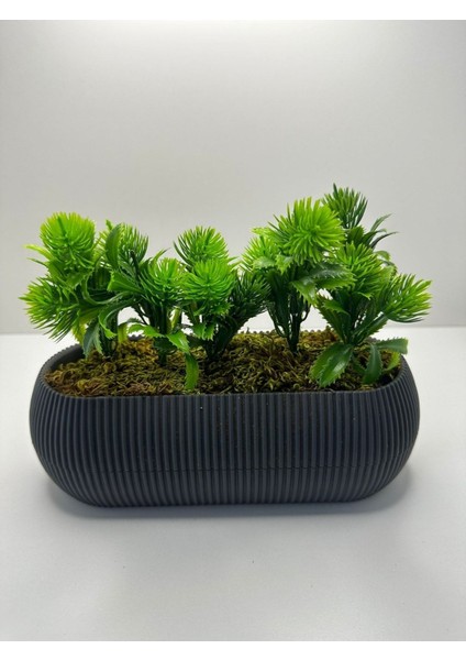 Tekno Trust Uzun Gri Saksıda Yapay Çiçek Yeşil Iğneli Çam Demeti Dekoratif Mutfak Banyo Masa Çiçeği 21x9x7 Cm