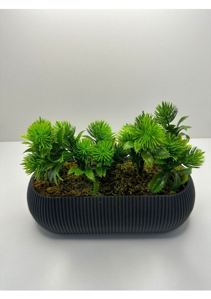 Tekno Trust Uzun Gri Saksıda Yapay Çiçek Yeşil Iğneli Çam Demeti Dekoratif Mutfak Banyo Masa Çiçeği 21x9x7 Cm