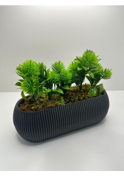Tekno Trust Uzun Gri Saksıda Yapay Çiçek Yeşil Iğneli Çam Demeti Dekoratif Mutfak Banyo Masa Çiçeği 21x9x7 Cm