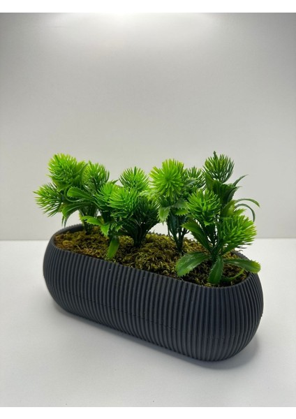 Tekno Trust Uzun Gri Saksıda Yapay Çiçek Yeşil Iğneli Çam Demeti Dekoratif Mutfak Banyo Masa Çiçeği 21x9x7 Cm