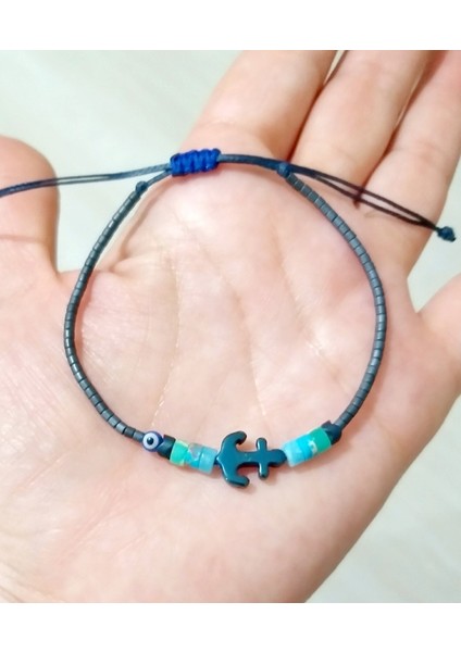 Lacivert Hematit Çapa ve Varisit Doğaltaşlı Minik Nazar ve Miyuki Boncuklu Unisex Bileklik
