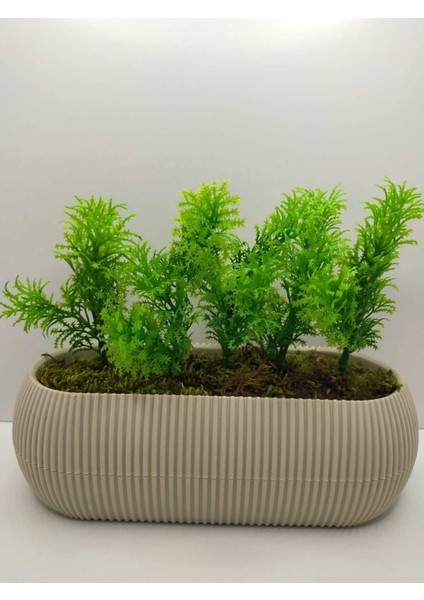 Tekno Trust Uzun Saksıda Yapay Çiçek Taş Yosunlu Çim Yeşili Bitki , Banyo Mutfak Masa Çiçeği 21x9x7 Cm