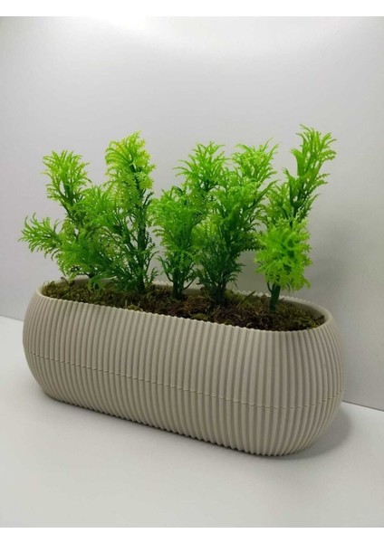 Tekno Trust Uzun Saksıda Yapay Çiçek Taş Yosunlu Çim Yeşili Bitki , Banyo Mutfak Masa Çiçeği 21x9x7 Cm