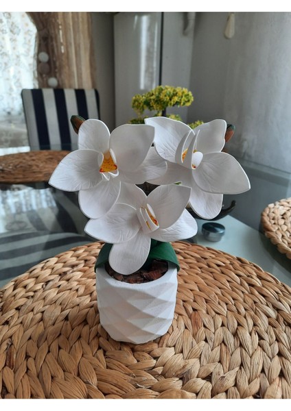 El Yapımı Beyaz Lateks Mini Orkide Sunumu, 11-30 cm, Saksı, Şık ve Zarif Tasarım