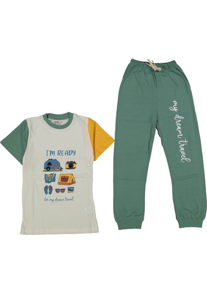 Erkek Çocuk Ekru Yeşil Yakalı Kamp Baskılı Pijama Takımı