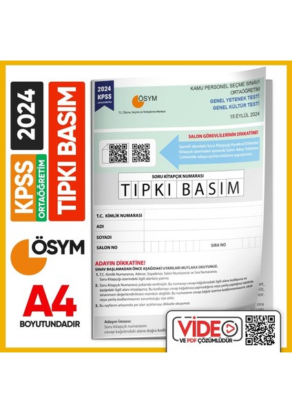 2024 KPSS Ortaöğretim Lise ÖSYM Tıpkı Basım Çıkmış Soru Kitapçığı Video Çözümlü Türkiye Geneli