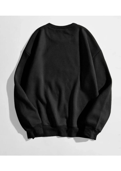Siyah Renkli Oversize Bisiklet Yaka Şardonlu Sweatshirt