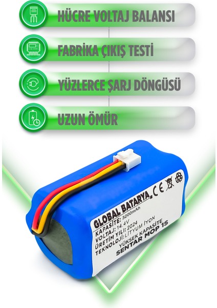 Sentar Mop 1s Akıllı Robot Süpürge Bataryası 14.4v 3200mAh Li-ion Pil Yüksek Kapasite)