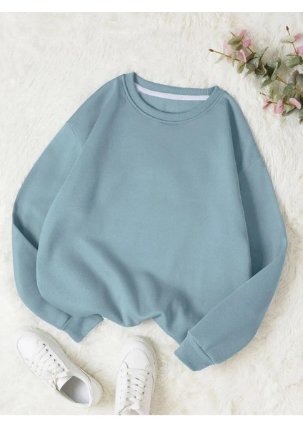 Bebe Mavisi Renkli Oversize Bisiklet Yaka Şardonlu Sweatshirt