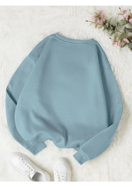 Bebe Mavisi Renkli Oversize Bisiklet Yaka Şardonlu Sweatshirt