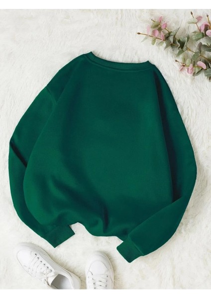 Nefti Yeşil Renkli Oversize Bisiklet Yaka Şardonlu Sweatshirt