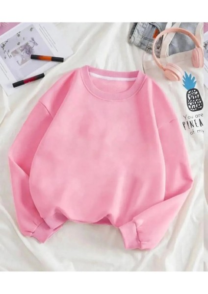 Pembe Renkli Oversize Bisiklet Yaka Şardonlu Sweatshirt