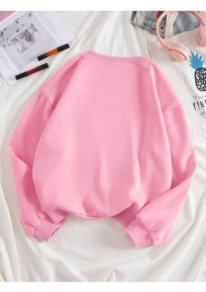 Pembe Renkli Oversize Bisiklet Yaka Şardonlu Sweatshirt
