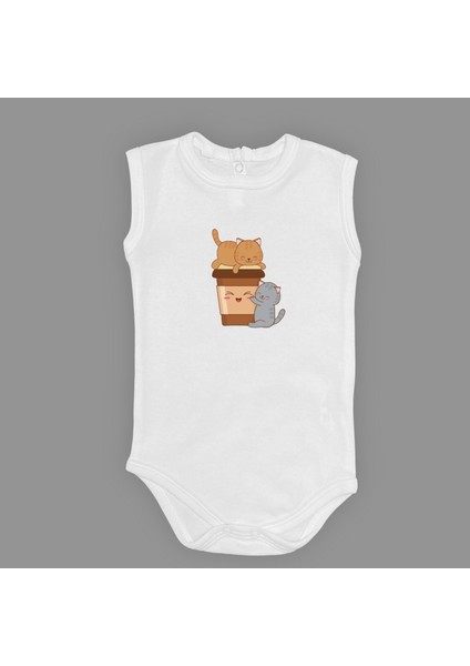Baskılı Kahve Seven Kediler Bebek Çıtçıtlı Body - MNK0659-AÇIK Ekru-6 Ay