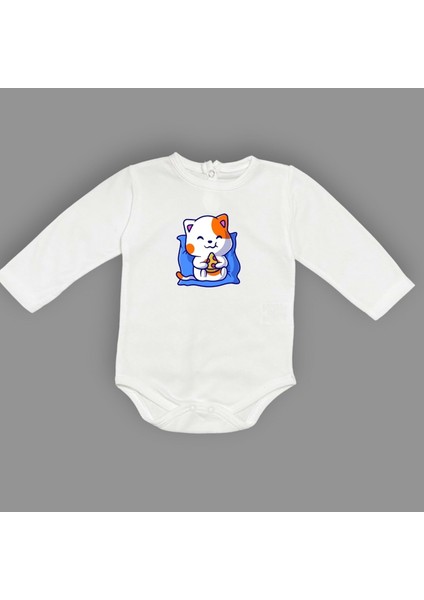 Baskılı Pizza Yiyen Kedi Bebek Çıtçıtlı Body - MNK0662-EKRU-3 Yaş