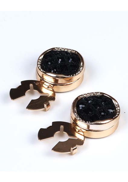 Gold Siyah Taşlı Desenli Gömlek Düğmesine Geçme Klipsli Kol Düğmesi