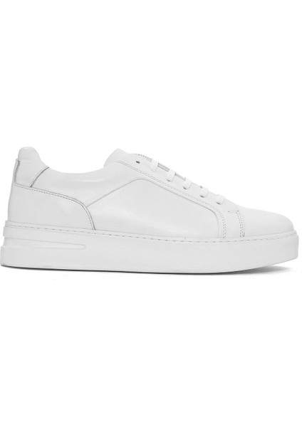 Erkek Beyaz Bağcıklı Kalın Tabanlı Deri Sneaker