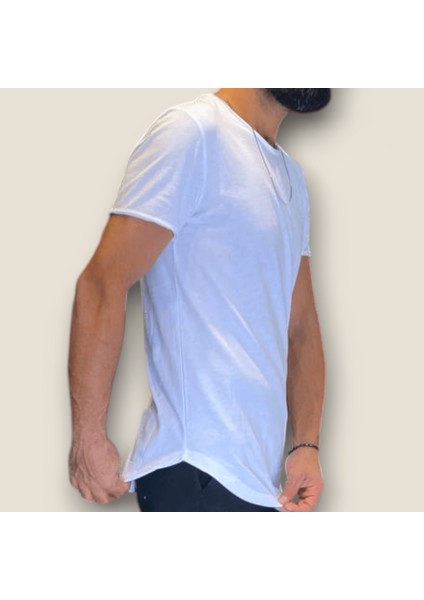 Beyaz Renk Armut Pis Yaka Asimetrik Kesim Basic tshirt