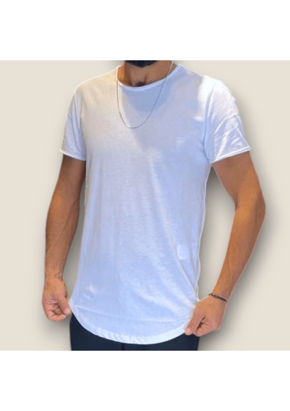 Beyaz Renk Armut Pis Yaka Asimetrik Kesim Basic tshirt