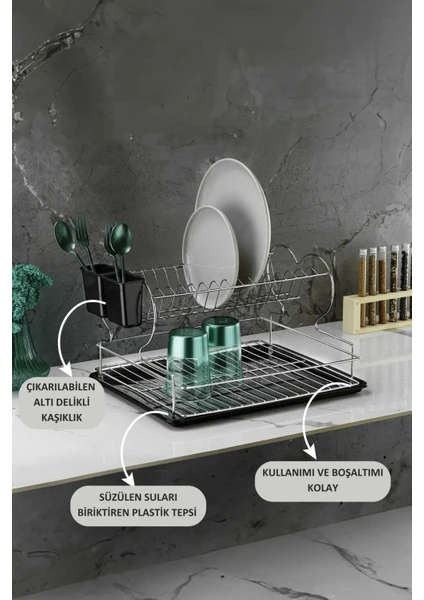 Le Touche Bulaşıklık Bulaşık Sepeti Paslanmaz Iki Katlı Tabaklık Termo Plastik Kaplama