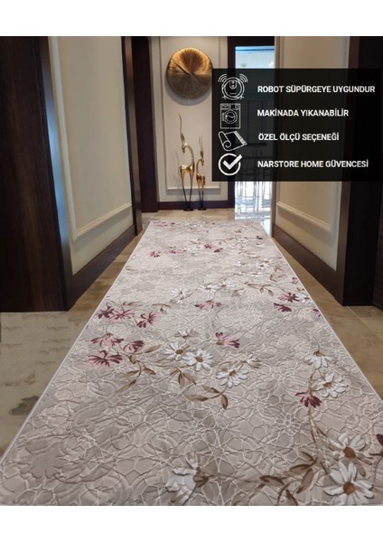 Nar Store Home Elit Pembe Kahve Çiçekli Kabartmalı Kaymaz Taban Yıkanabilir Kesme Yolluk Halı fiyatları