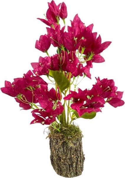 Fuşya renkli yapay çiçek, kütük saksıda, dekoratif masa çiçeği 40x20cm