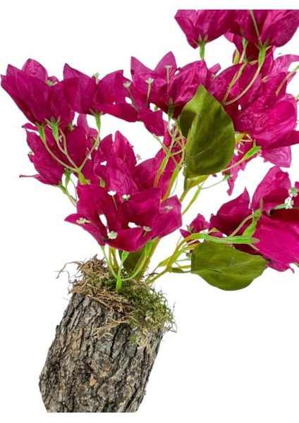 Fuşya renkli yapay çiçek, kütük saksıda, dekoratif masa çiçeği 40x20cm