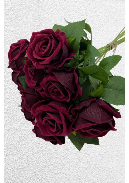 10'lu Gerçek Görünümlü Kadife Gül Demeti, 50 cm, Bordo Renk