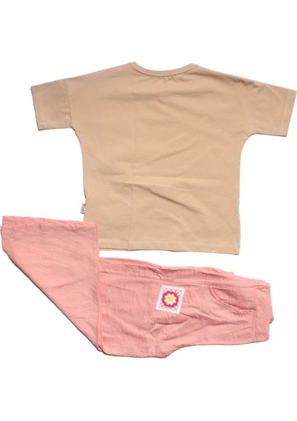 Kız Çocuk Bej Pembe Keten Pantalonlu Papatyalı 2 Li Takım fiyatları