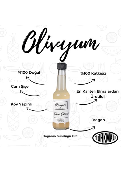 Elma Sirkesi Cam Şişe 250 ml Olivyum %100 Doğal Üründür Köy Ürünüdür.