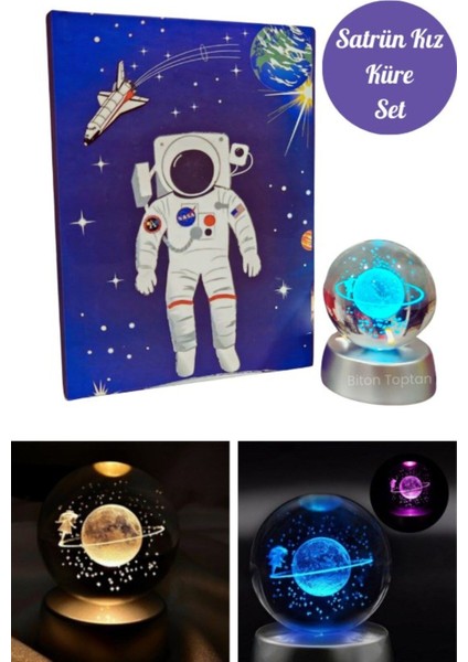 LED Işıklı Cam Küre ve Nasa Defter Set Renk Değiştiren Dekoratif Küre ve Defter Seti Satürn Kız