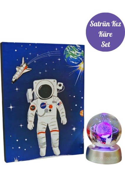 LED Işıklı Cam Küre ve Nasa Defter Set Renk Değiştiren Dekoratif Küre ve Defter Seti Satürn Kız