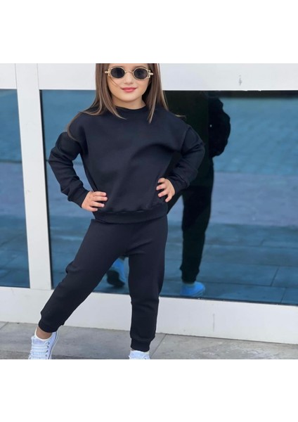 Özel Tasarım Bisiklet Yaka Baskısız Düz Lacivert Şardonlu Kışlık Kız Çocuk Eşofman Takımı