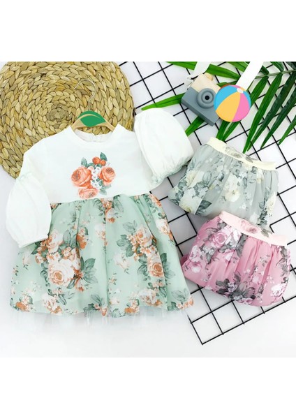 Çiçek Baskılı Eteği Tüllü Beyaz Yeşil Elbise