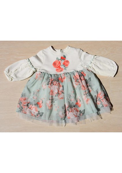 Çiçek Baskılı Eteği Tüllü Beyaz Yeşil Elbise fiyatları