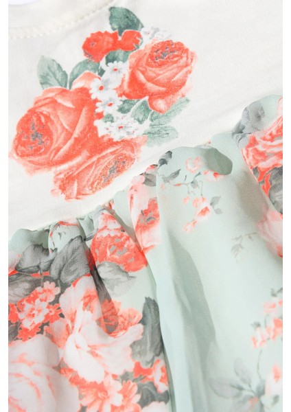 Çiçek Baskılı Eteği Tüllü Beyaz Yeşil Elbise modelleri