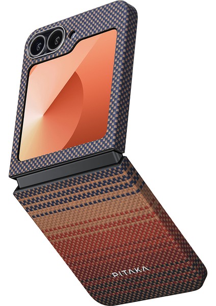 Galaxy Z Flip 6 Kılıf Magsafe Şarj Özellikli Aramid Fiber Pitaka Tactile Woven Serisi Sunset