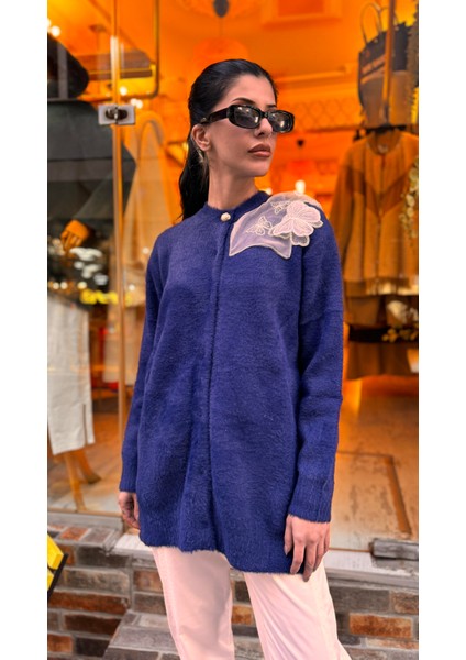 4576 Tüllü Angora Hırka-Lacivert