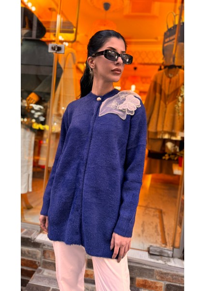 4576 Tüllü Angora Hırka-Lacivert