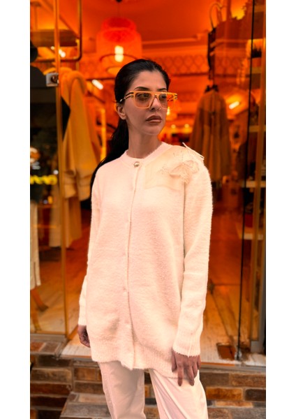 4576 Tüllü Angora Hırka-Ekru
